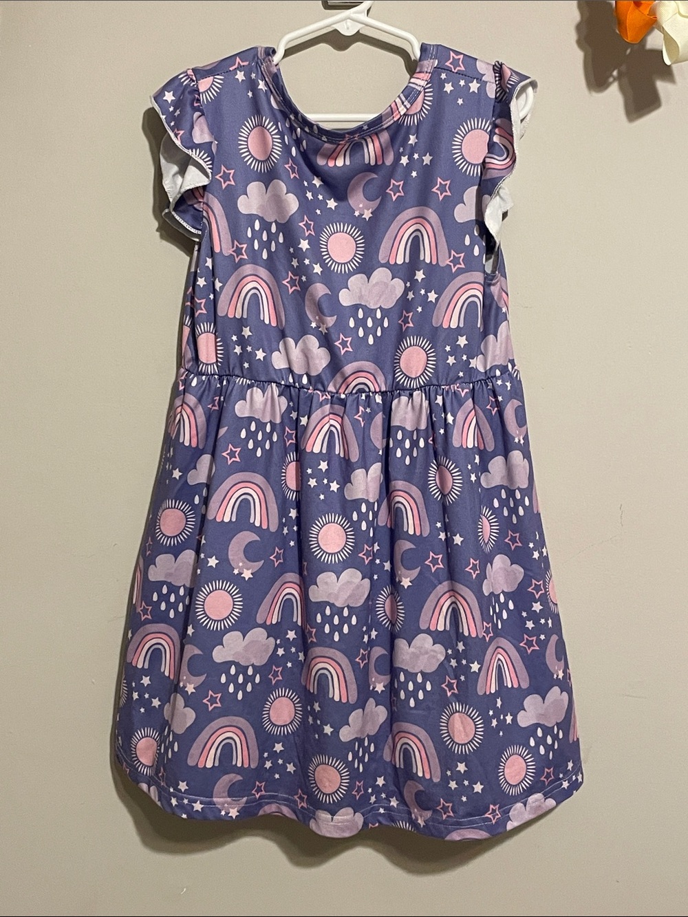 Girls' Purple Rainbow & Cloud Print Dress 5-6Y